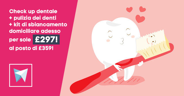 Check up dentale + pulizia dei denti + kit di sbiancamento domiciliare adesso per sole £297 al posto di £359!