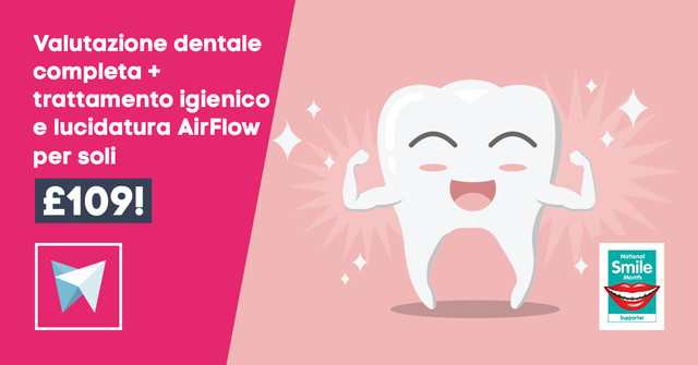 Valutazione dentale completa + trattamento igienico e rimozione delle macchie AirFlow per soli £ 109!