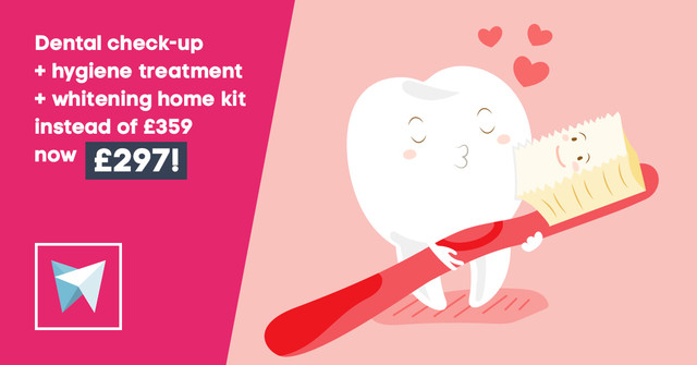 Dental check-up + hygiene treatment + whitening home kit now £297 instead of £359!